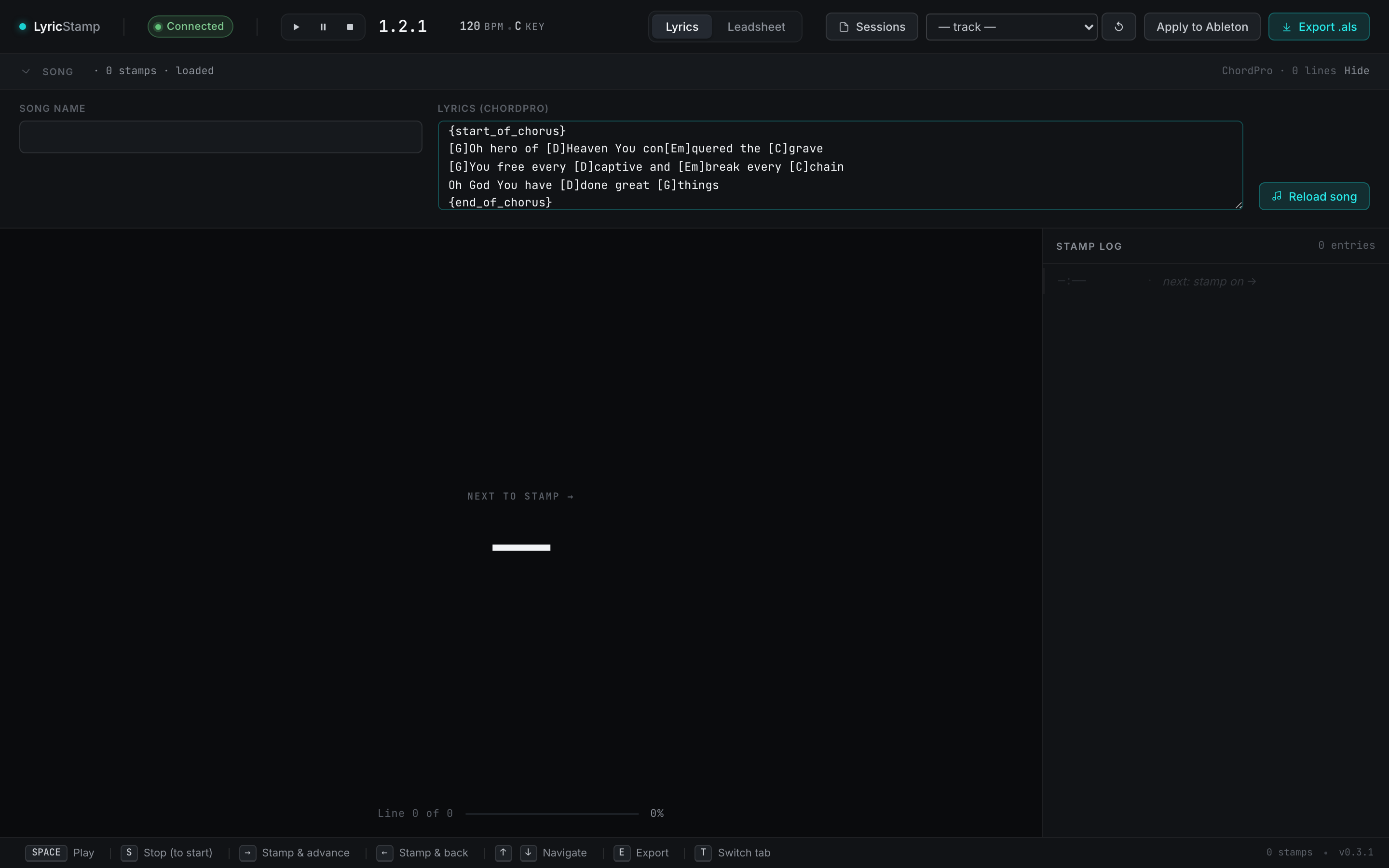 The Song setup panel expanded, with ChordPro lyrics pasted into the editor and a Reload song button